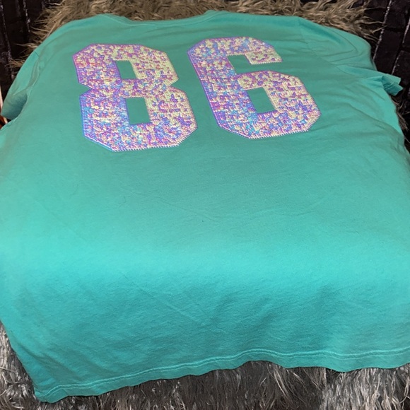 VICTORIA'S SECRET PINK T-Shirt MINT AQUA TEAL #86 BLING Sequined RARE HTF Sz XL - Picture 15 of 16